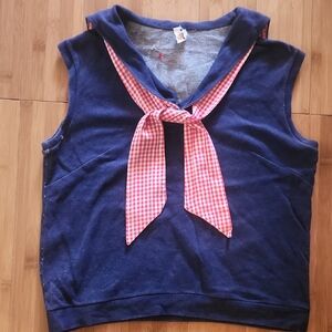 Charming Navy Sleeveless Top with Attached Red Checkered Tie Its True Vintage